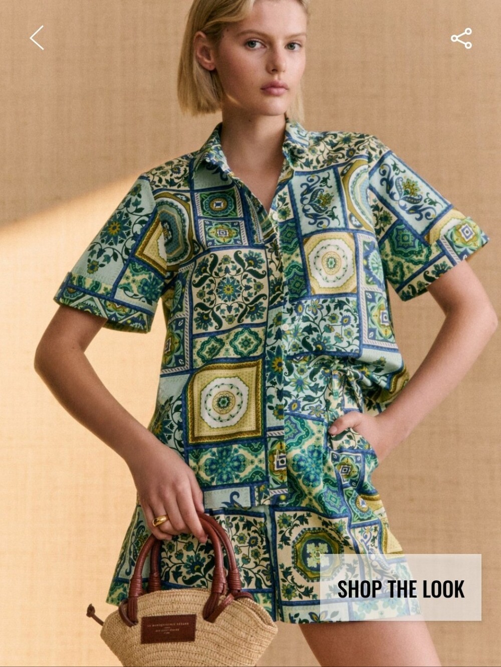 Sezane X Momoni- Livia Short-Sleeve Button-Down Shirt- Green and Blue Tile Print - Picture 4 of 6